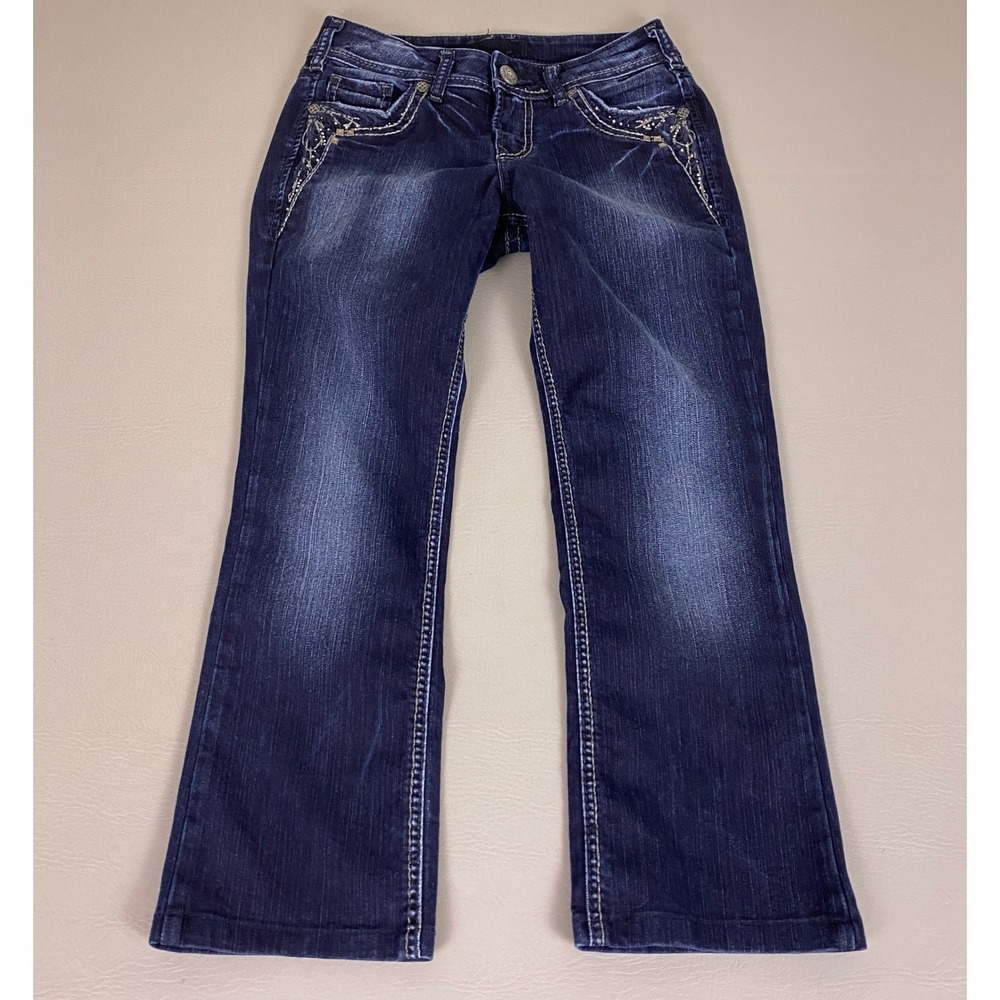 Silver Jeans Co Women's Size 27x25 Suki 17" Bootcut‎ Blue Dark Wash Embellished